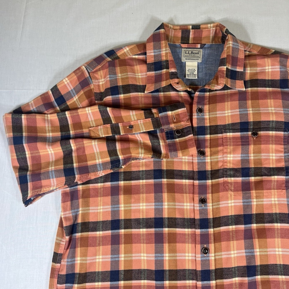 L.L.Bean Traditional Fit Plaid Flannel Shirt Mens Medium Orange Long Sleeve